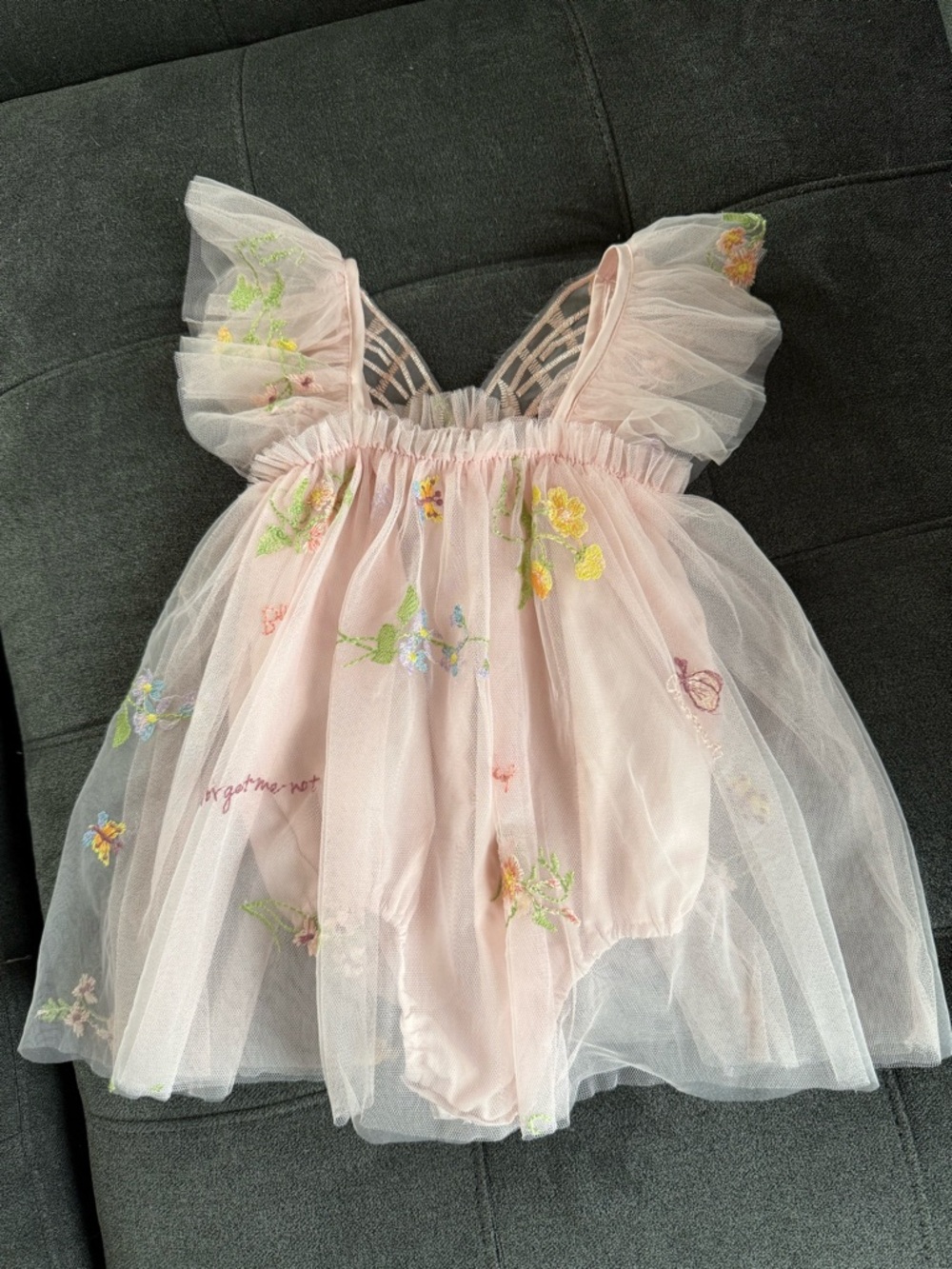 Fairy Soft Pink Embroidered Tulle One-Piece Bodysuit for 9-12month